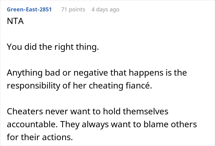 Comment discussing accountability of a cheating fianc&eacute; after pregnant woman&rsquo;s life changes following Bonnie Blue documentary.