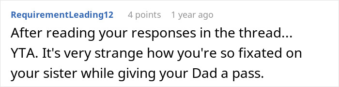Screenshot of an online forum discussion about a person telling their half-sister they ran away, sparking family fallout. Screenshot of an online forum discussion about a person telling their half-sister they ran away, sparking family fallout.