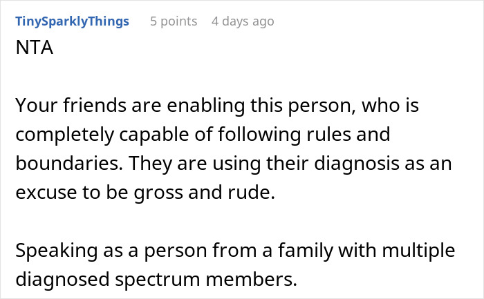 Comment discussing enabling neurodivergent behavior and boundaries after friend&rsquo;s buddy grabs hearing aids.