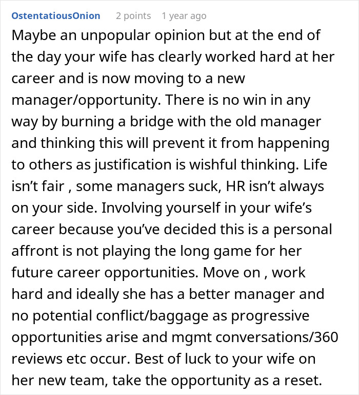 Comment discussing career challenges, managers, and the importance of moving on for better opportunities in a work setting.