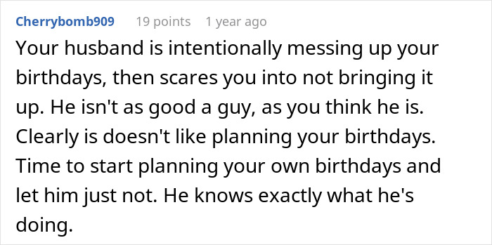 Screenshot of a comment discussing a husband’s birthday surprise causing marriage issues and leading to therapy. - 29