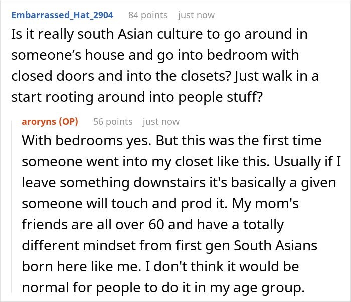 Screenshot of an online discussion about a woman catching a guest sneaking into her room and stopping them before her kid opens a collector doll. - 21