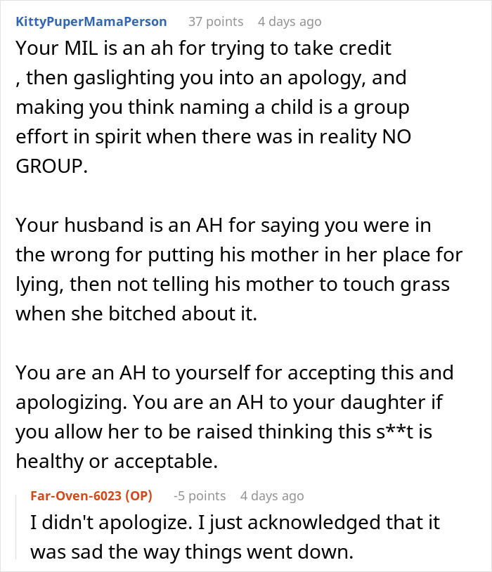 Comment thread showing a woman correcting her mother-in-law who claimed she came up with the baby&rsquo;s name, disputing credit.