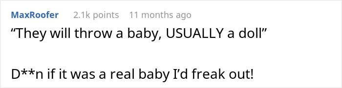 Comment about tourists encountering common tourist traps mentioning a staged baby doll scenario and reactions online.