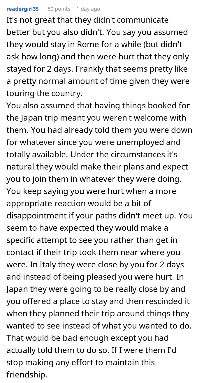 Comment discussing a woman feeling excluded by friends during trips, saying she is not a hotel. Comment discussing a woman feeling excluded by friends during trips, saying she is not a hotel.