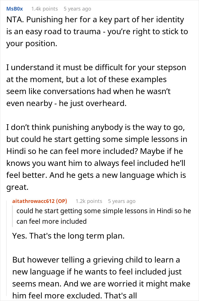 Alt text: Online discussion about stepdad punishing kid for using native language his son can&rsquo;t understand, mom horrified by the idea