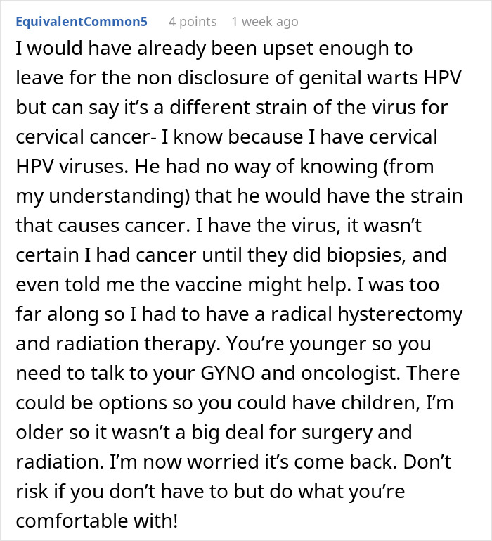 Comment discussing a woman&rsquo;s experience with cancer linked to HPV and her feelings about her healthy boyfriend&rsquo;s past.