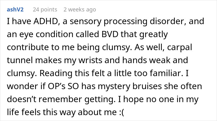 Comment text discussing clumsiness and related conditions from a user, reflecting on being clumsy with empathy.