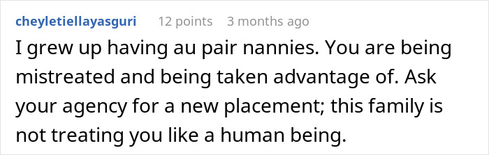 Screenshot of an online comment criticizing an American family for mistreating their 19-year-old nanny from abroad.