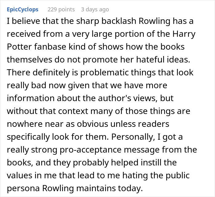 Comment discussing backlash and acceptance messages in Harry Potter books amid hateful views controversy.