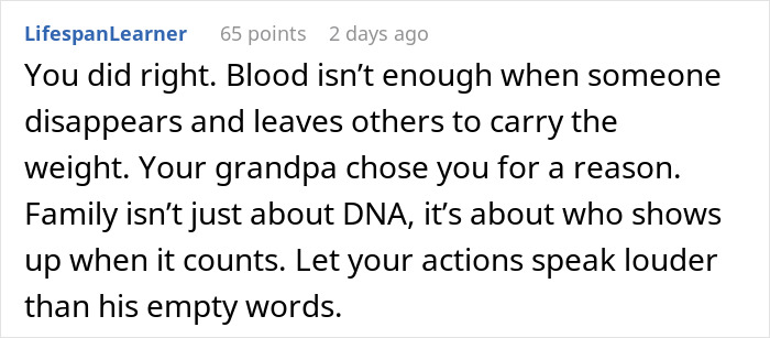 Screenshot of a Reddit comment about a 21-year-old caregiving for grandpa and conflict with an entitled brother. - 17