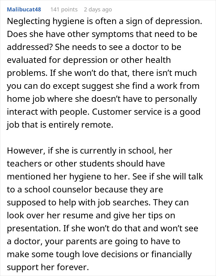 Reddit comment discussing sexism and job challenges, with advice on depression, hygiene, and remote customer service jobs.