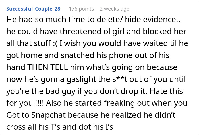 Comment warning about fianc&eacute; deleting evidence, gaslighting, and raising suspicion from mom-to-be and friends.