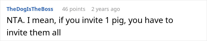 Comment on a social platform discussing a pet pig causing a scene at a wedding, referencing the mother humiliated in front of guests.