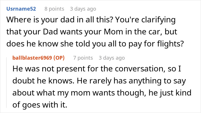 Reddit user discusses woman refusing Christmas gift trip if siblings pay for her flight in family conversation.