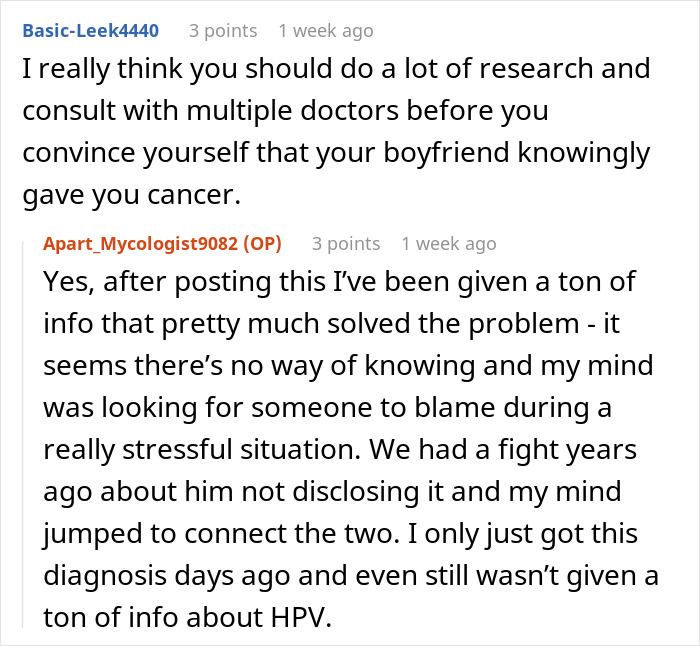 Reddit user discussing cancer diagnosis and resentment toward boyfriend due to past HPV infection and lack of disclosure.