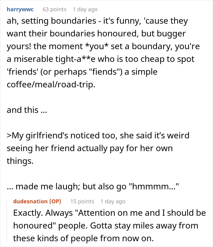 Reddit conversation about woman setting boundaries as friend's boyfriend refuses to be used as an ATM, highlighting financial limits.