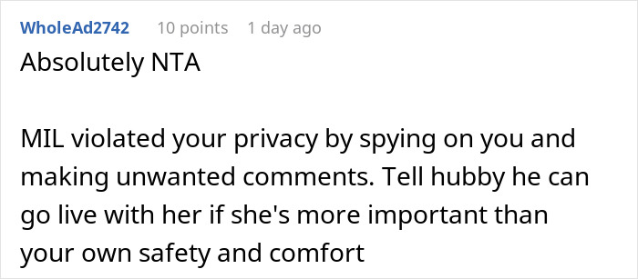 Screenshot of Reddit comment explaining MIL violated privacy by spying and making unwanted comments about baby cam access issues.