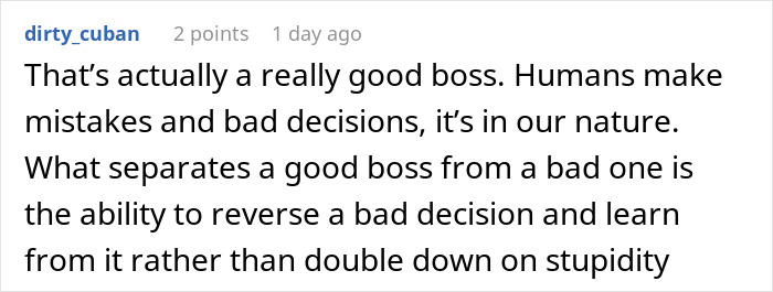 Comment discussing a boss trying to fix a non-issue by banning flexible hours, leading to worse outcomes. Comment discussing a boss trying to fix a non-issue by banning flexible hours, leading to worse outcomes.
