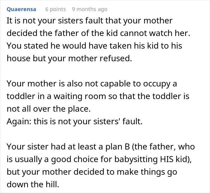 Man taking his 2YO niece to doctor appointment after sister fails to find babysitter for the toddler.