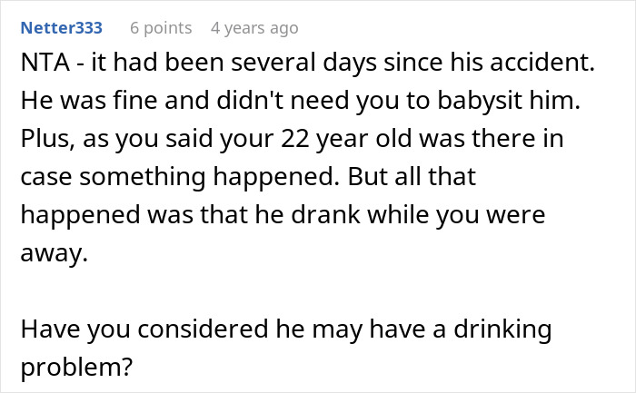 Screenshot of a Reddit comment discussing boyfriend throwing tantrum after girlfriend leaves on vacation despite his injury.