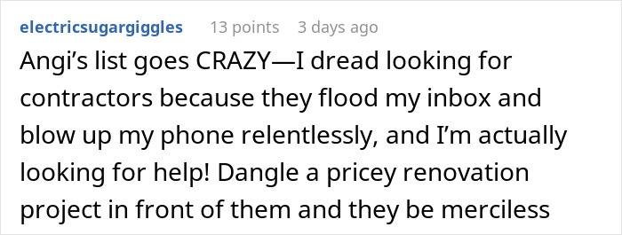 Screenshot of a social media comment describing frustrations with contractors while seeking help for a renovation project.