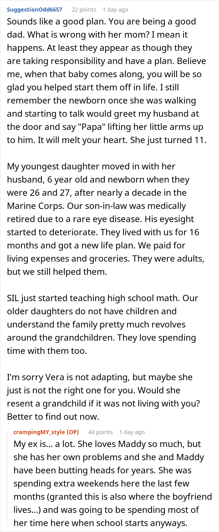 Text of a heartfelt online comment discussing the challenges of a caring dad with pregnant daughter moving back home.