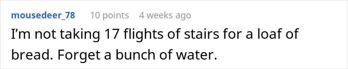 Comment expressing refusal to carry water up 17 flights of stairs, related to customer demands for Instacart shoppers.