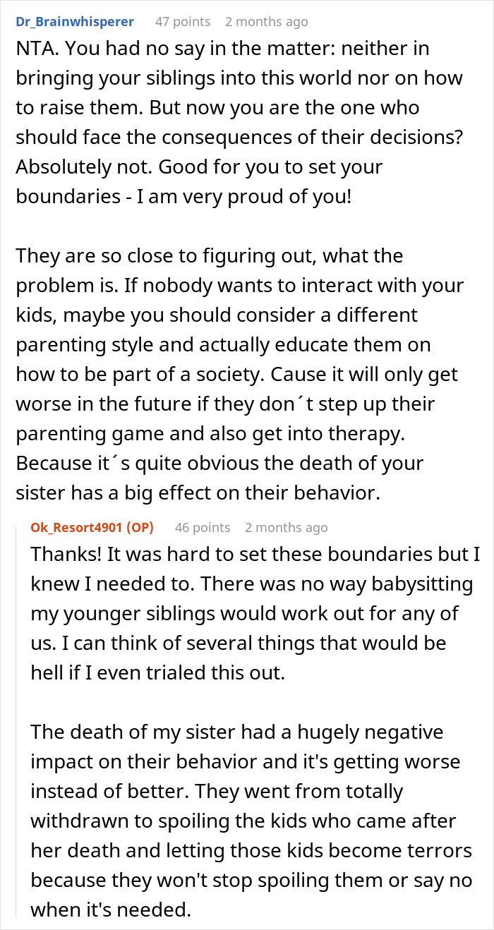 Reddit user discusses setting boundaries by refusing to babysit siblings after years of being treated like a stranger. Reddit user discusses setting boundaries by refusing to babysit siblings after years of being treated like a stranger.