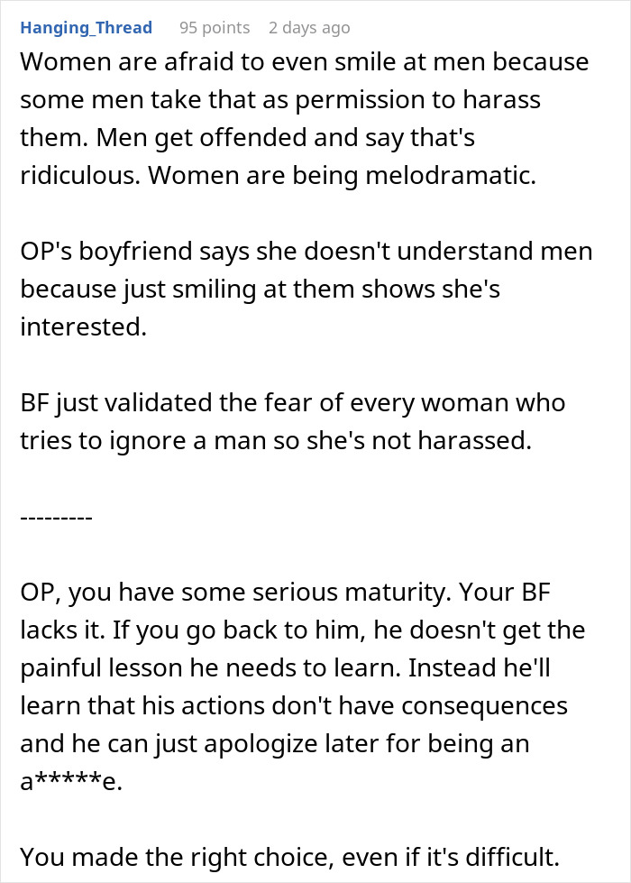 Text post discussing a jealous boyfriend berating his girlfriend for being nice to a stranger and the girlfriend dumping him.