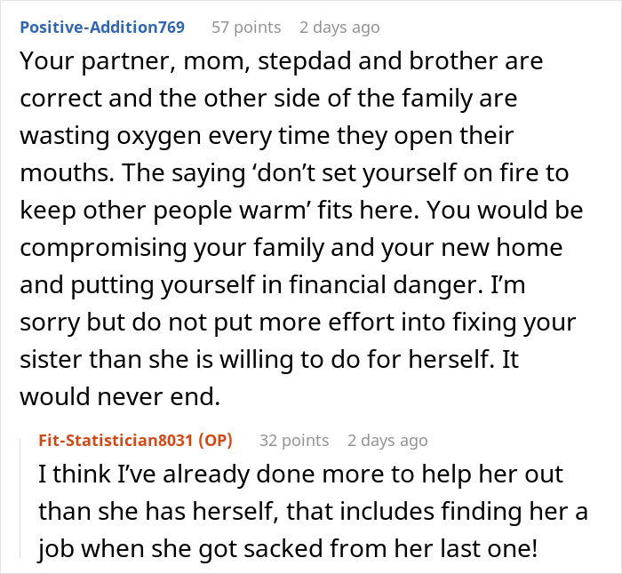 Reddit comments discussing family demands for $33k and financial strain over a sister&rsquo;s needs and support refusal.