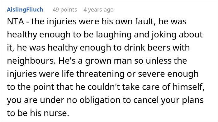 Comment discussing boyfriend's tantrum and injury, stating no obligation to cancel plans despite his condition.