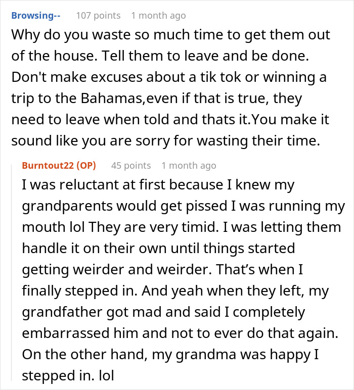 Reddit comments discussing a grandkid losing patience with villainous vacuum cleaner salespeople and handling the situation.