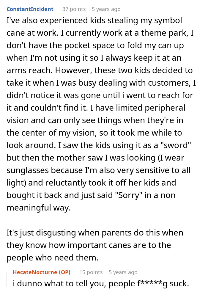 Comment text about a kid stealing a blind cane at a theme park and the importance of canes for those in need.