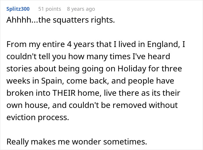 Screenshot of a Reddit comment discussing squatters and a friend breaking into a house to prove she lives there.
