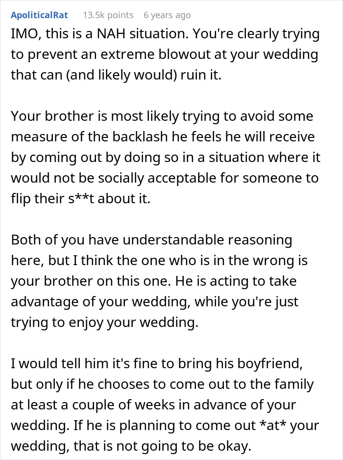 Screenshot of a discussion about a man urging his gay brother to come out and the impact on their wedding event. Screenshot of a discussion about a man urging his gay brother to come out and the impact on their wedding event.