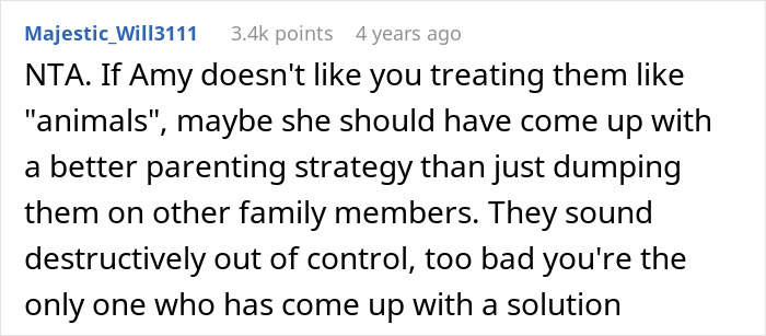 Comment from Reddit user discussing a woman’s approach to training cousin’s kids after being forced to babysit. Comment from Reddit user discussing a woman’s approach to training cousin’s kids after being forced to babysit.