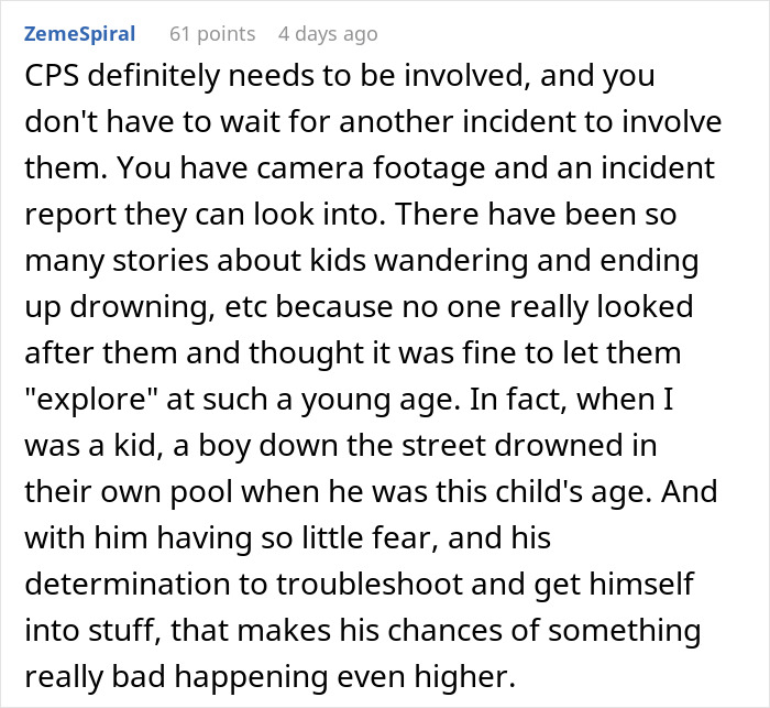 Comment text discussing concerns about child safety and parents&rsquo; casual reaction to a neighbor&rsquo;s son in her home.