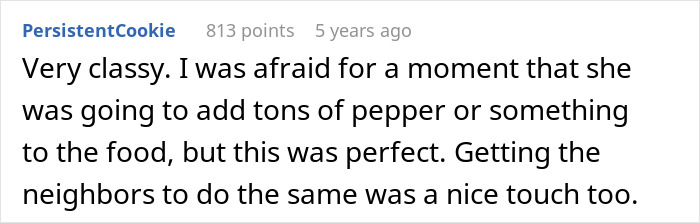 Text comment discussing a nanny catching a neighbor stealing fruit and cleverly serving a plate of revenge.