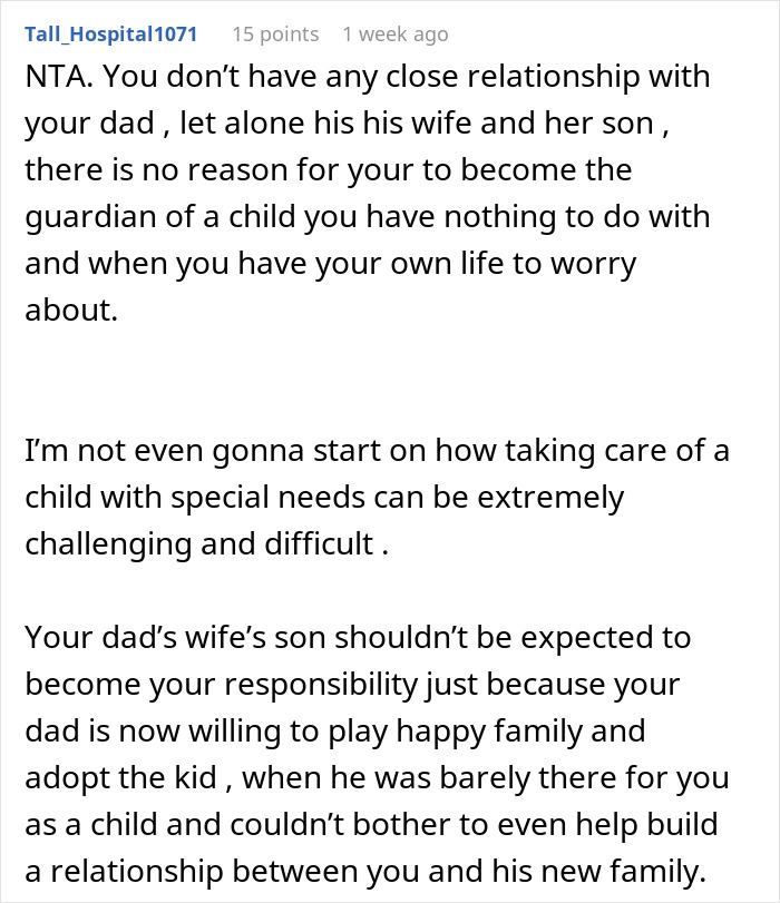 Screenshot of a Reddit comment explaining why a lady is not expected to be future caregiver for autistic stepbrother.