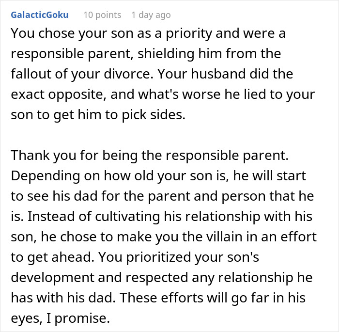 Comment explaining a dad lying about divorce reasons to win over his son, with ex-wife revealing the truth later.