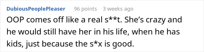 Screenshot of an online comment discussing a relationship, referencing a girlfriend who got a massive tattoo.