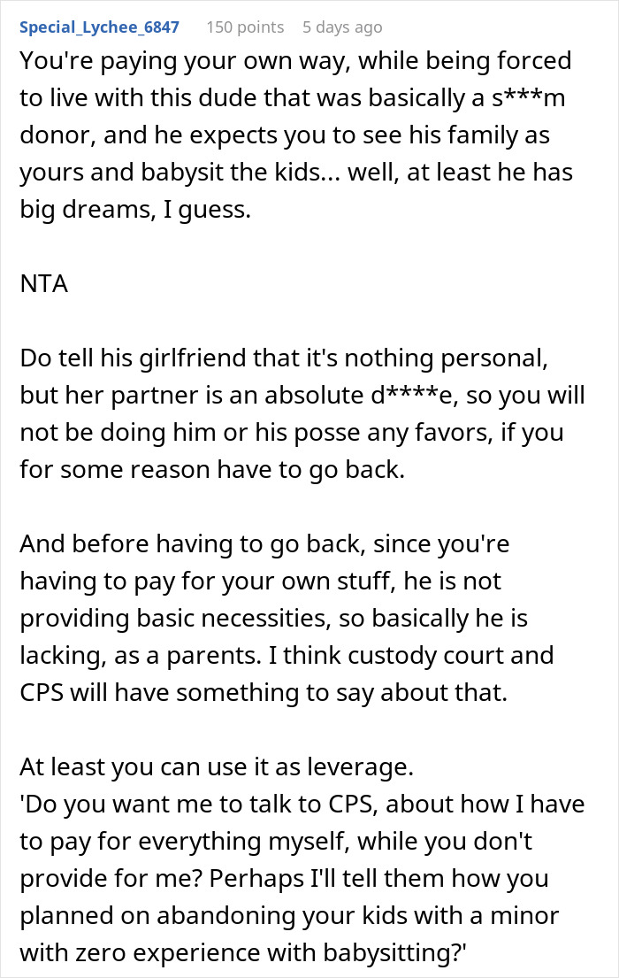 Screenshot of a discussion about a teen escaping dad&rsquo;s babysitting trap after being asked to watch fianc&eacute;e&rsquo;s kids.