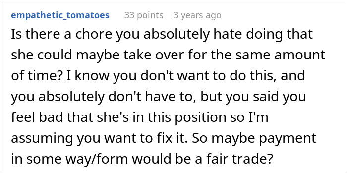 Reddit comment discussing chores and refusal to take on cat litter box duties in a roommate family vacation conflict.