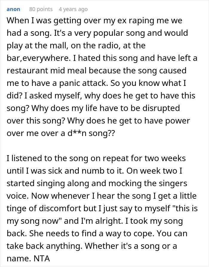 Comment discussing overcoming trauma and coping with triggers related to a tattoo of a late son's name.