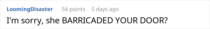 Screenshot of an online comment expressing disbelief about someone barricading a door, related to stalker MIL gatecrashing.