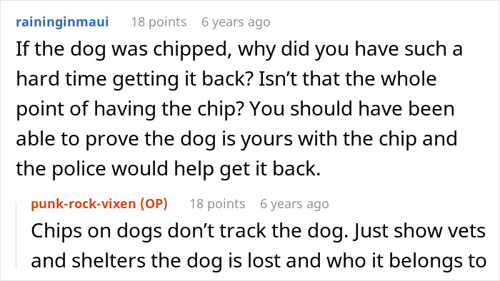 Conversation about a lost husky dog, discussing microchipping and owner's efforts to prove ownership of the stolen husky. - 39