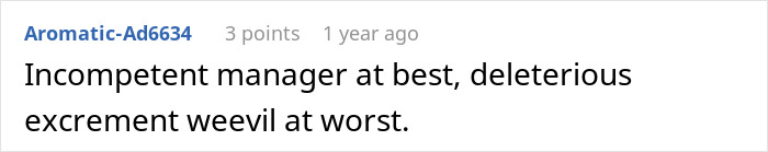 Text conversation showing a user calling their manager incompetent and comparing them to a deleterious excrement weevil.