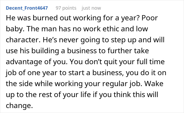 Screenshot of a social media comment criticizing a jobless fianc&eacute; living off his partner while claiming to build a business.