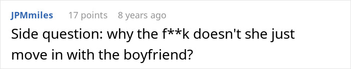 Screenshot of a social media comment questioning why the friend who breaks into house doesn&rsquo;t just move in with the boyfriend